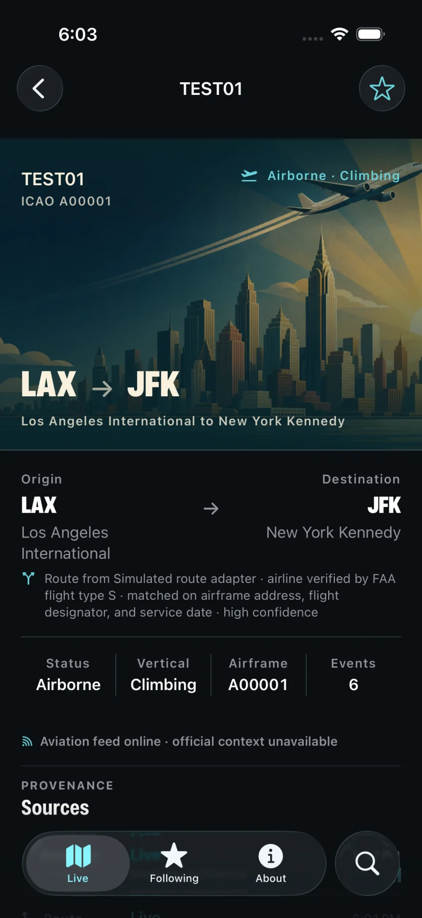 Flight Thread detail screen for a deterministic test airline flight, with its complete route, Art Deco destination artwork, commercial-classification basis, status summary, and source ledger.